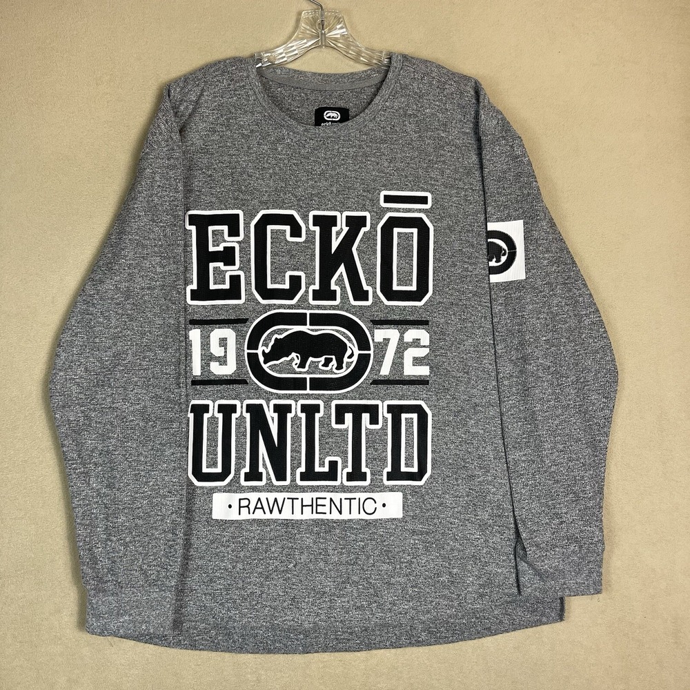 Ecko Unltd Shirt Mens 3XL Gray Long Sleeve Thermal Graphic Rawthentic Rhino Logo